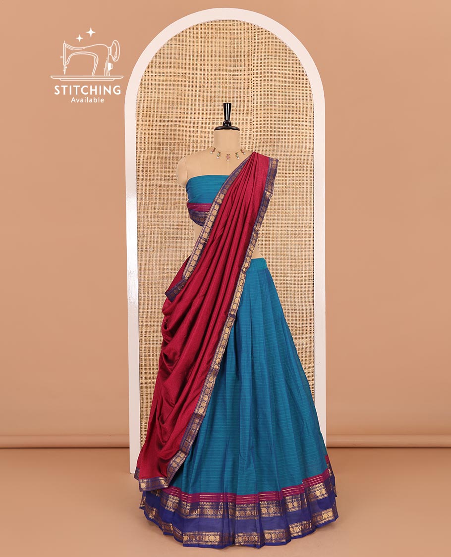 Blue-majenta sungudi cotton saree, striped with contrast rettai pettu traditional zari bordered skirt, a matching blouse, and a zari bordered dhavani