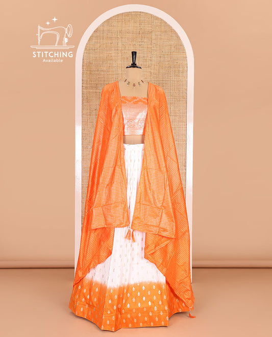 White-orange half-saree, zari buttas with contrast bordered nylon viscose crepe skirt, a jaal jacquard design Vichitra silk blouse, and a contrast striped Vichitra silk dhavani