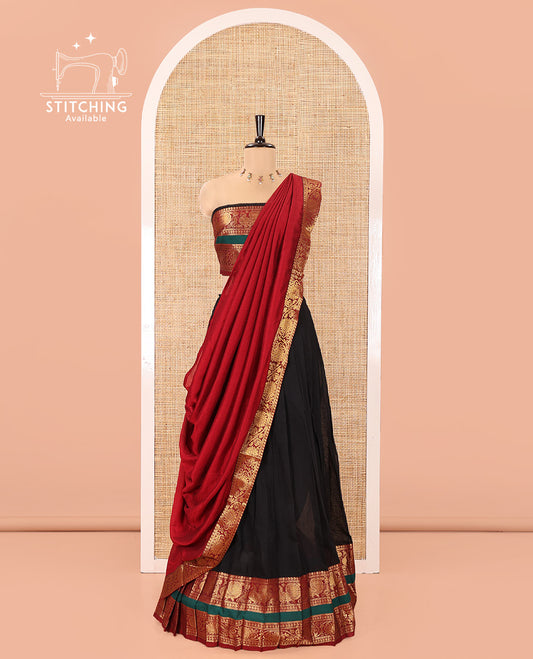 Black-Red Mercerised Cotton Half-Saree Features Plain with Contrast Peacock and Floral Creeper Zari Bordered Skirt, Paired with a Matching Blouse, and Comes with a Contrast Floral Creeper Zari Bordered Dhavani