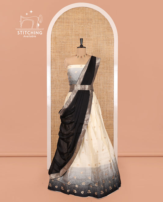 Cream-Black Semi-Silk Half-Saree Featuring Buttas Skirt, Contrast Floral Border, Matching Blouse, Contrast Syska Georgette Dhavani