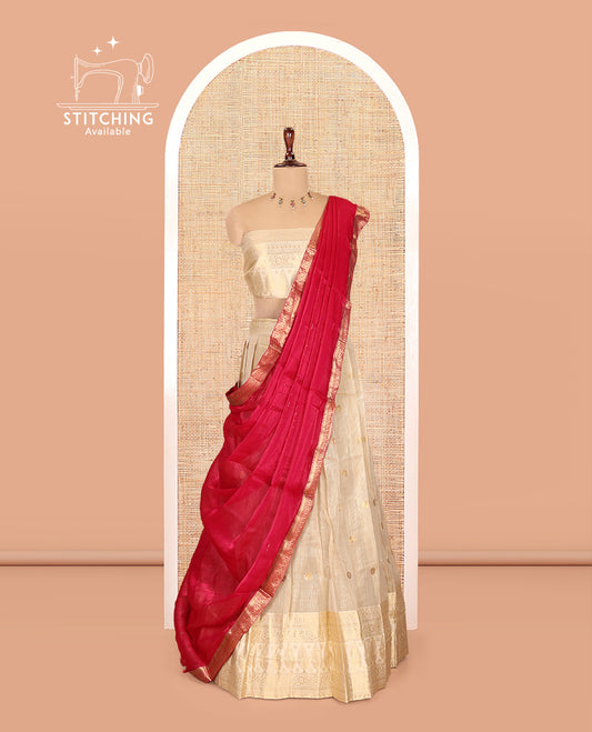 Chikku-Rani Pink Banaras Kota Half-Saree, Zari Buttas Skirt, Traditional Border, Matching Blouse, Contrast Organza Sequins Dhavani