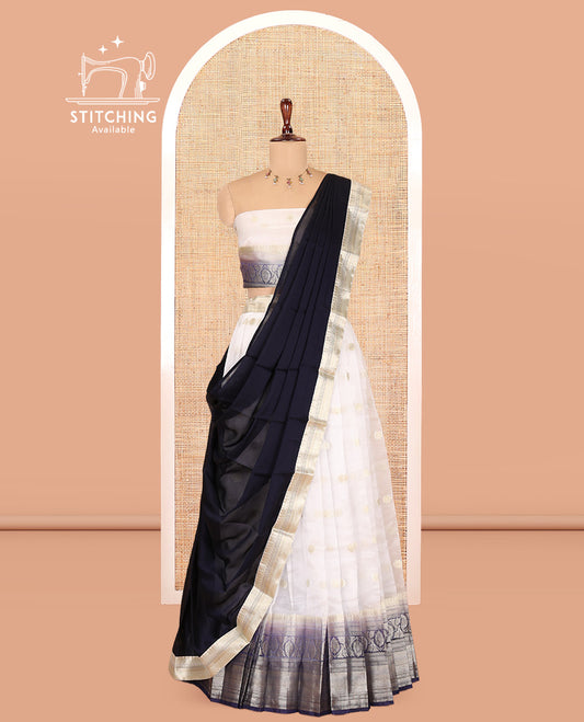 Cream-Blue Organza Half-Saree Features Zari Buttas Skirt, Contrast Traditional Border, Matching Blouse, Contrast Dhavani