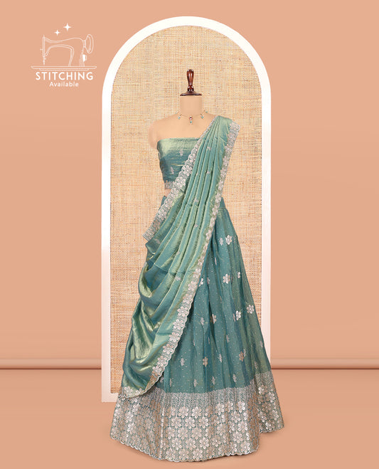 Firozi Blue Fendi Organza Half-Saree, Butta Embroidered Skirt, Floral Embroidered Border, a Matching Blouse, an Embroidered Dhavani
