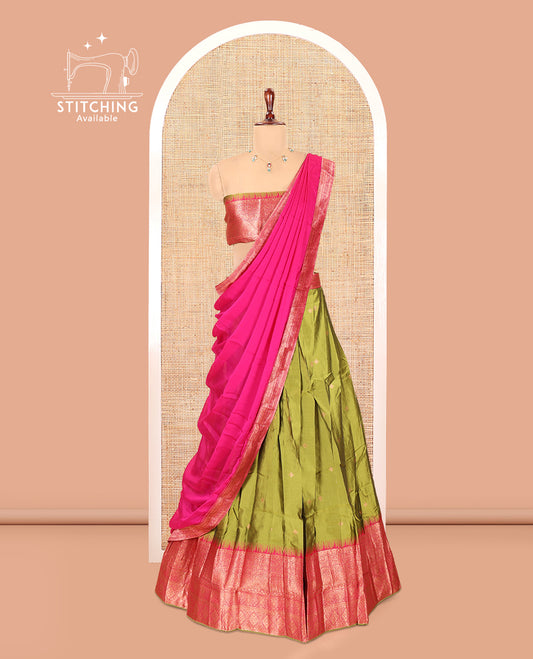 Parrot Green-Rani Pink Semi-Silk Half-Saree, Zari Buttas Skirt, Contrast Traditional Zari Border, a Matching Blouse, a Contrast Blouse