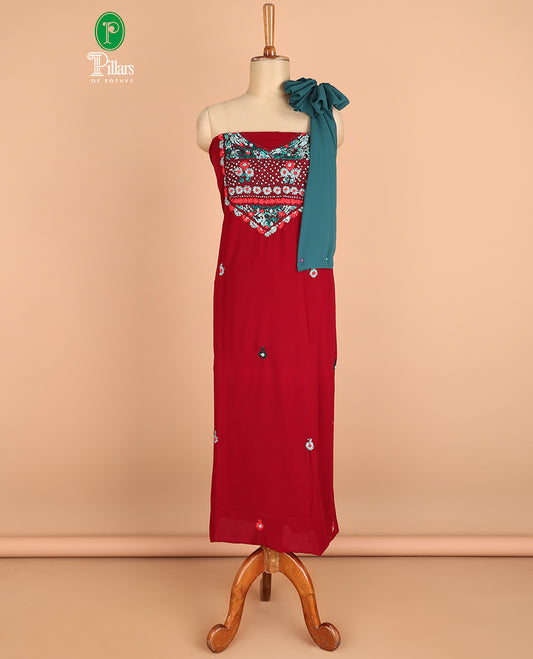 Red chudidhar material challa flower print georgette top with santoon material pants & challa work dupatta
