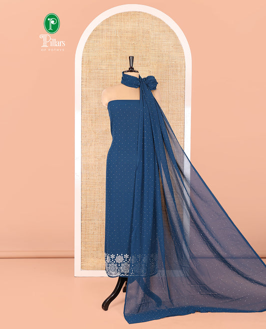 Peacock Color Fox Georgette Material Chudidar Set, Gleamed up with Stone Floral Embroidery On Its Top, A Plain Santoon Bottom and Paired with a Matching Stone Work Fox Georgette Dupatta