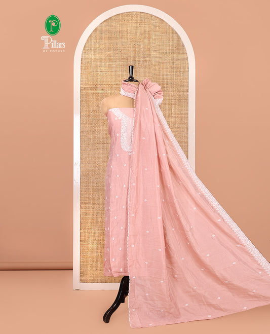 Peach Mul Chanderi Material Chudidar Set, Thread-Embroidered Top, Plain Bottom, Thread-Embroidered Dupatta