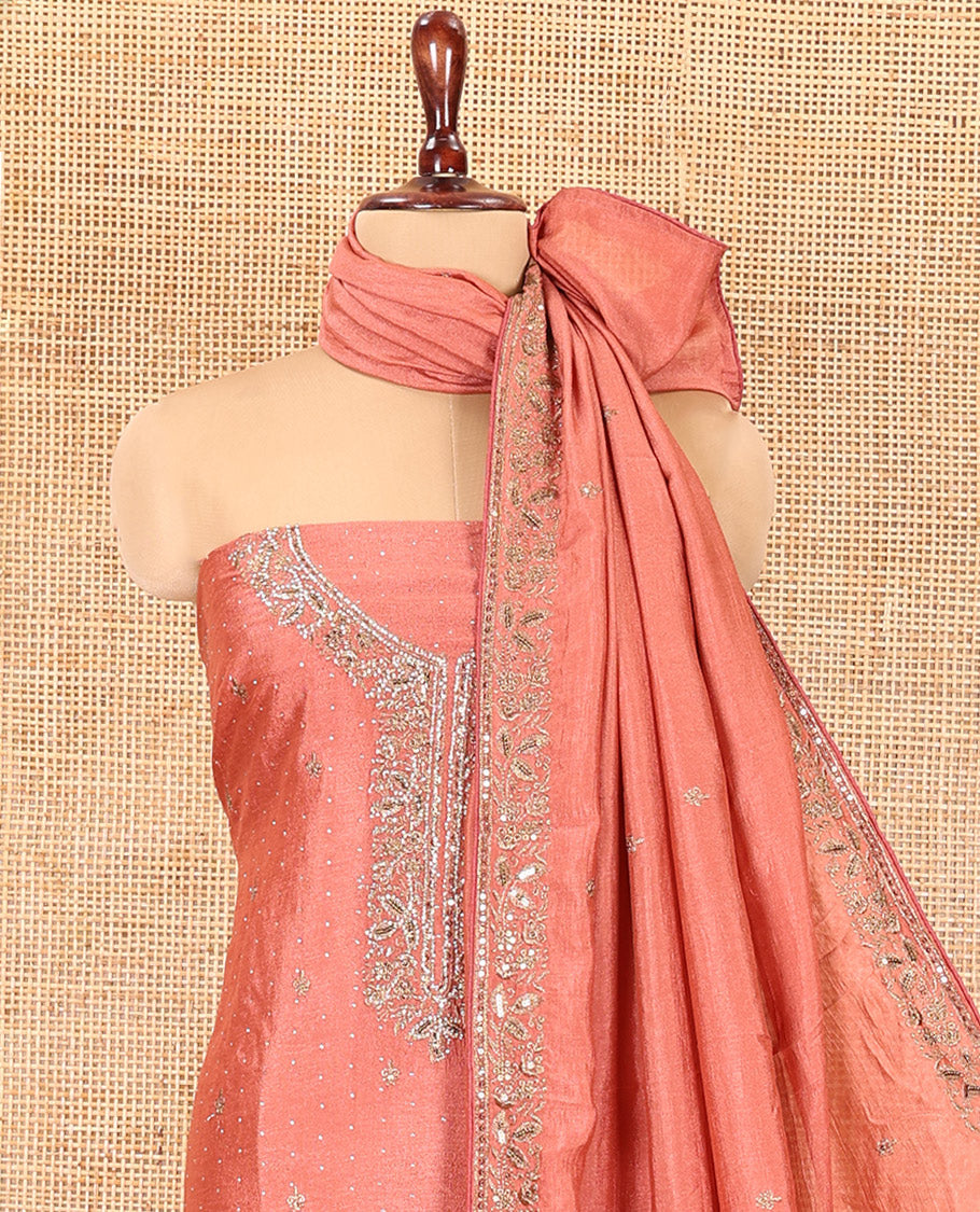 Onion Pink Vichitra Silk Material Chudidar, Embroidered and Cut-work Top, Santoon Bottom, and an Embroidered Dupatta