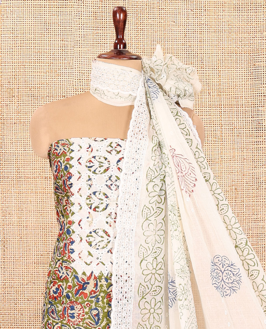 Mehendi Cotton Material Chudidar, Floral Printed Hakoba Top, a Contrast Bottom, Print-Hakoba Dupatta