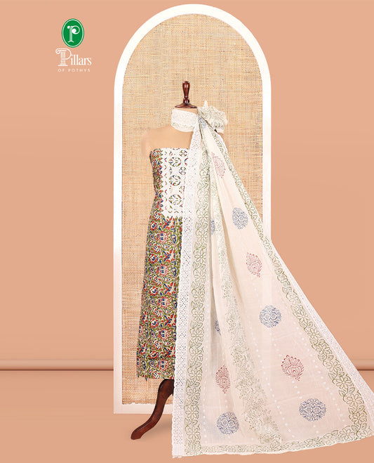 Mehendi Cotton Material Chudidar, Floral Printed Hakoba Top, a Contrast Bottom, Print-Hakoba Dupatta