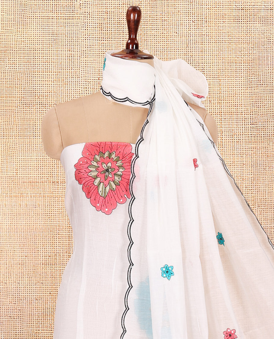 Cream-Pink Mul Chanderi Material Chudidar, Floral Embroidery Top, Matching Bottom, Floral Embroidery Dupatta