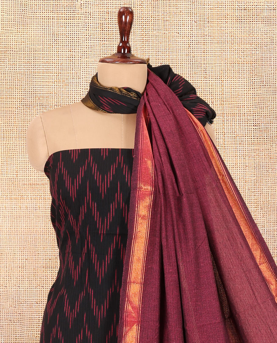 Black Pure Cotton Saree Material Chudidar Ikat Chevron Top, a Contrast Bottom, and Ikat Chevron Dupatta