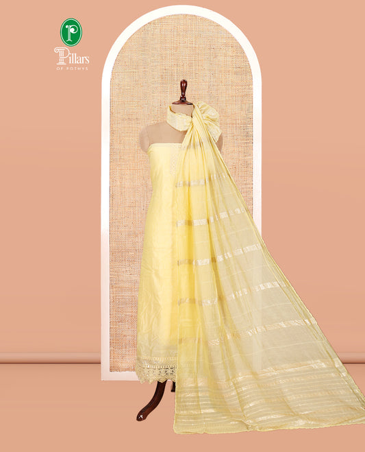 Yellow Mul Chanderi Material Chudiddar, Embroidered Top, Plain Bottom, Zari Striped Dupatta