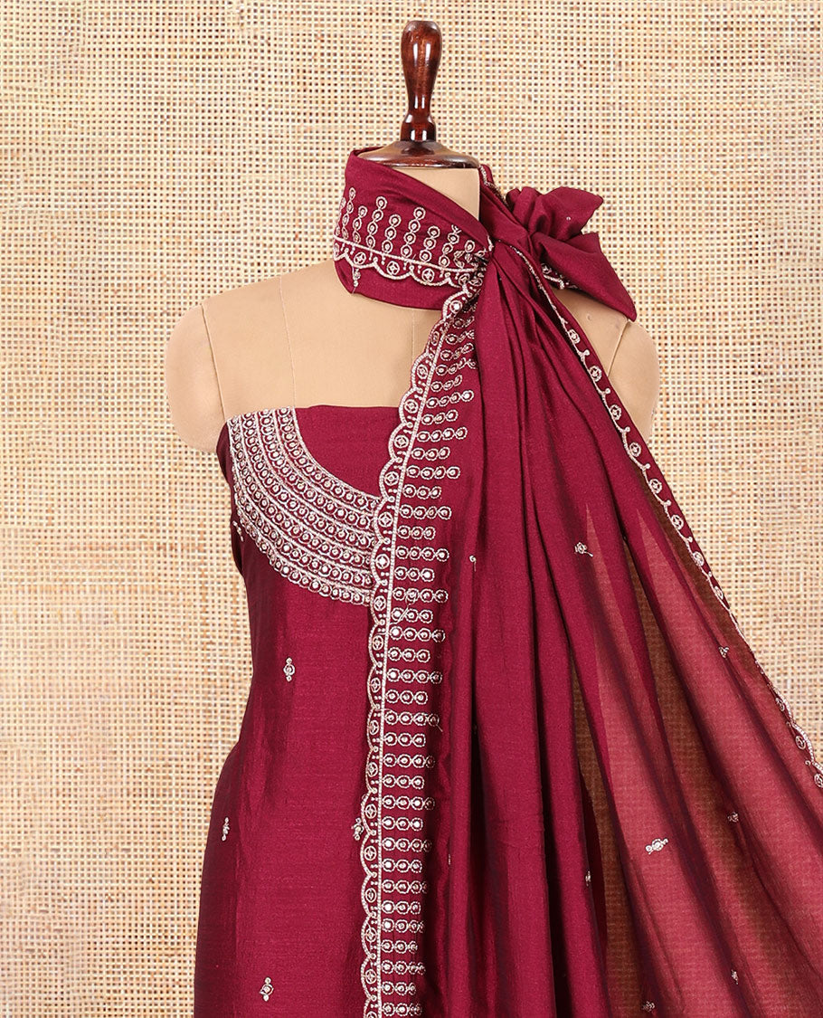 Magenta Vichitra Silk Material Chudiddar, Embroidered Top, Plain Bottom, Scallop Embroidered Dupatta