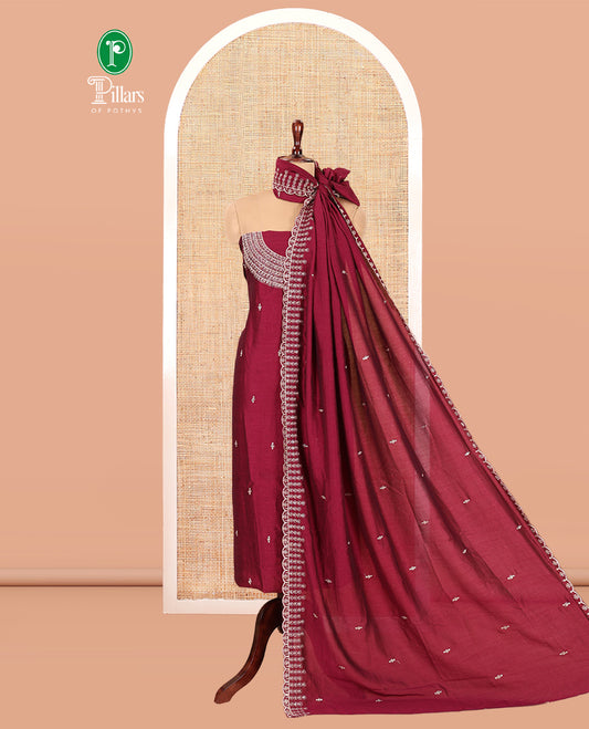 Magenta Vichitra Silk Material Chudiddar, Embroidered Top, Plain Bottom, Scallop Embroidered Dupatta
