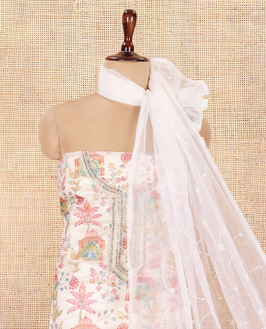 Cream Organza Material Churidar, Intricately Printed Outlined Embroidery Top, a Matching Bottom, and a Floral Embroidered Dupatta