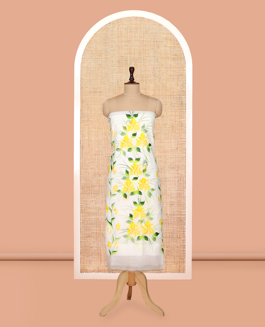 Milk White Net Kota Material Churidar, Adorned with Hand-Brush Painting Floral Printed Top, a Plain Bottom, and Hand-Brush Floral Printed Dupatta