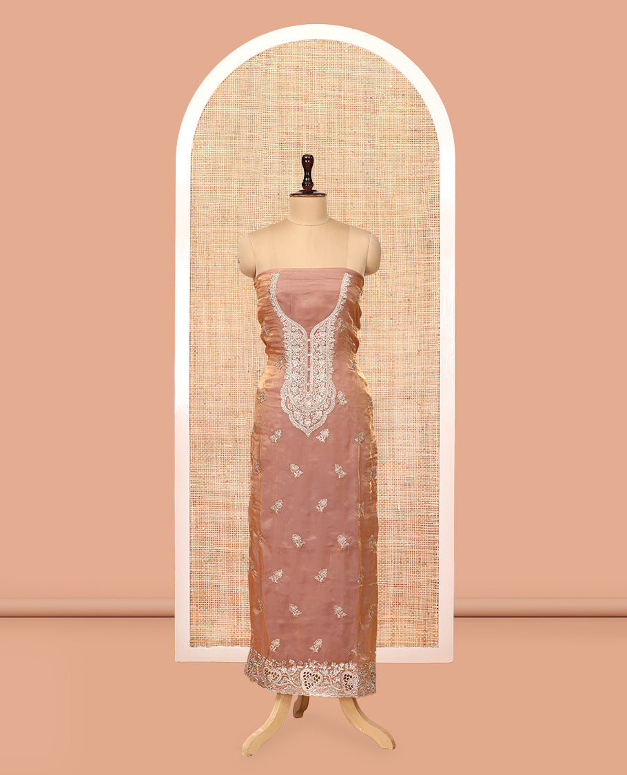 Peach Fendy Organza Material Chudidar Set, Adorned with Neck Embroidered Top, a Santoon Bottom, and a Embroidered Dupatta