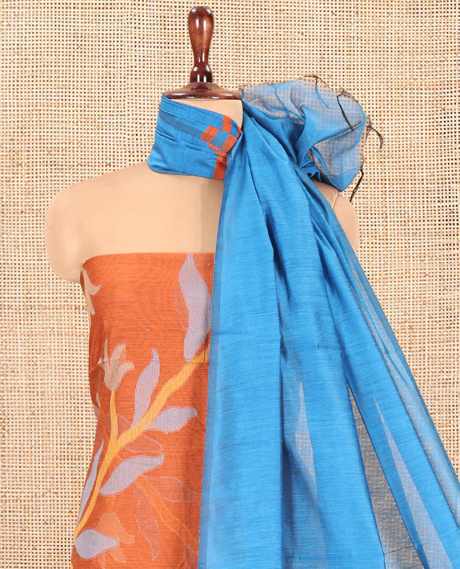 Rust Orange Chanderi Silk Material Chudidar Features Jamdani Floral Top, Contrast Bottom and Dupatta