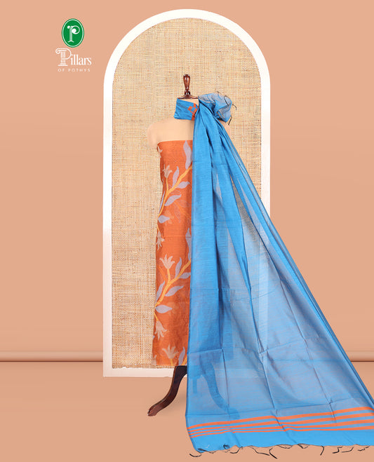 Rust Orange Chanderi Silk Material Chudidar Features Jamdani Floral Top, Contrast Bottom and Dupatta