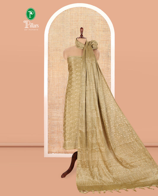 Pista Green Semi-Silk Khadi Jute Material Chudidar Set