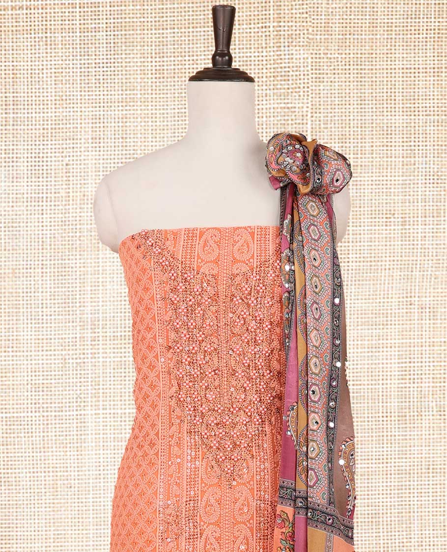 Dark peach shifli sequins work, swarovski stone, moti work georgette chudidhar material top with american crepe pant & chinnon material digital print , mirror work dupatta