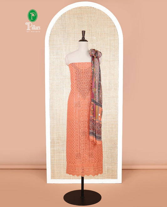 Dark peach shifli sequins work, swarovski stone, moti work georgette chudidhar material top with american crepe pant & chinnon material digital print , mirror work dupatta
