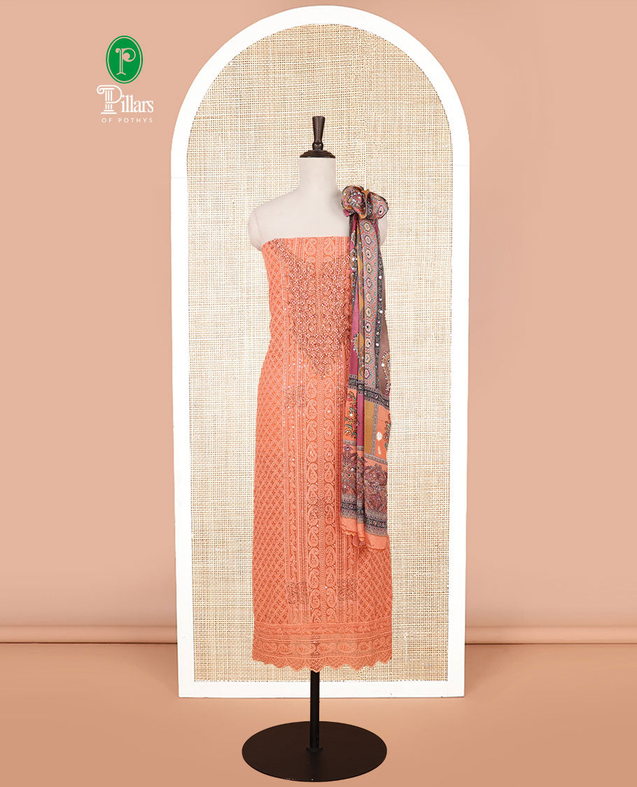 Dark peach shifli sequins work, swarovski stone, moti work georgette chudidhar material top with american crepe pant & chinnon material digital print , mirror work dupatta