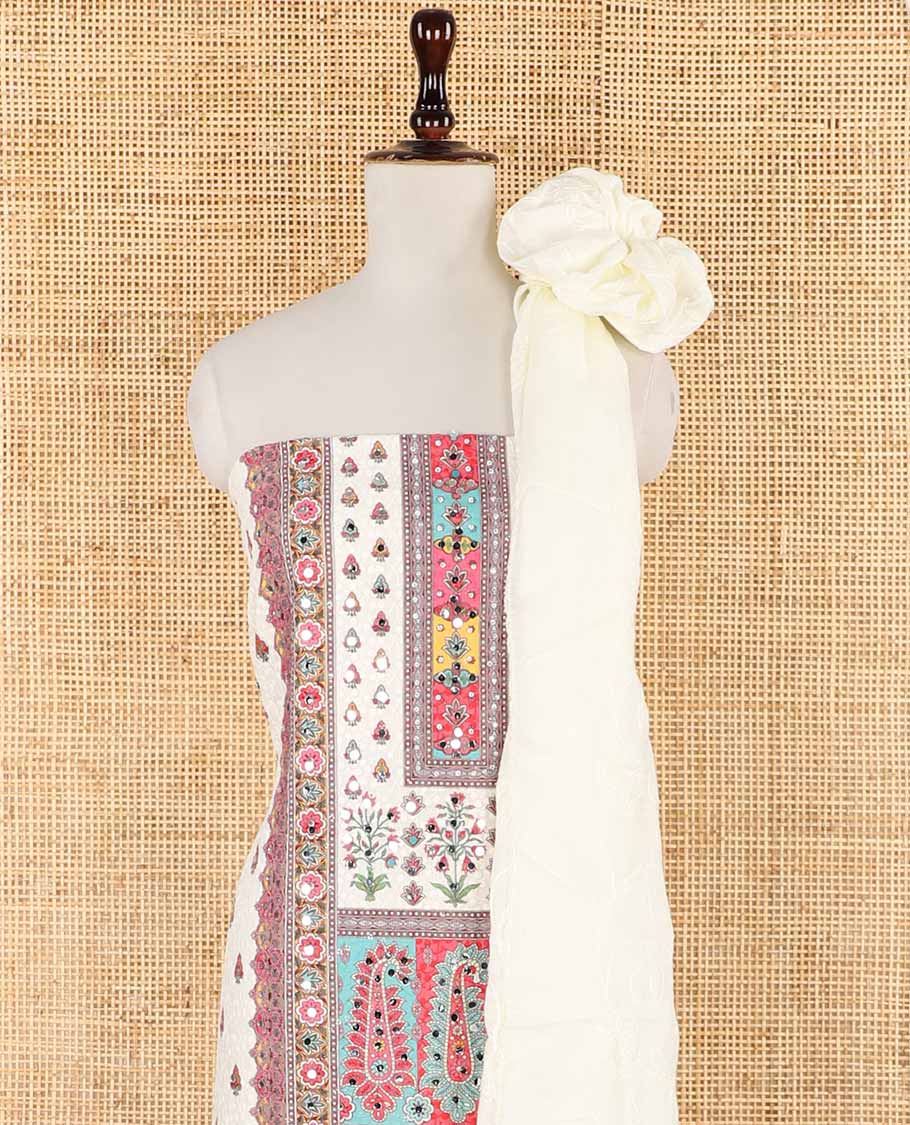 Cream with multi-color chikankari , butta design, mirror work cotton chudidhar material top with cotton pant & chikankari embroidery dupatta