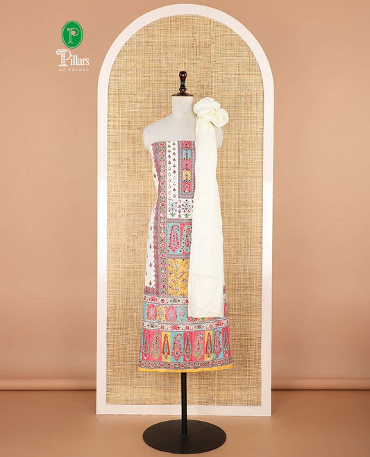 Cream with multi-color chikankari , butta design, mirror work cotton chudidhar material top with cotton pant & chikankari embroidery dupatta