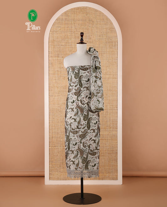 Green chudidar material set, paisley brasso printed, Swarovski stone work & Daman design crochet lace work, georgette top, paisley print & Swarovski stone work dupatta & plain Santoon pants