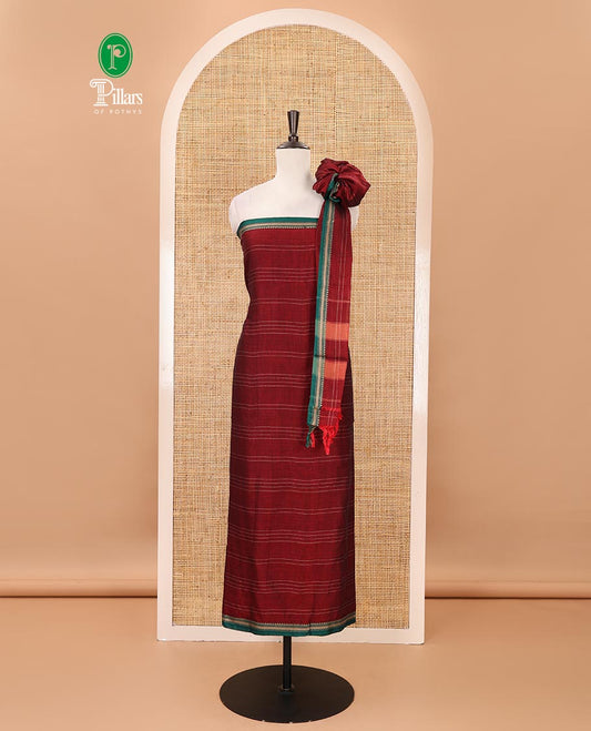 Maroon mercerized cotton material chudidar set,vertical striped contrast border top, matching threadwork bottom & traditional border matching dupatta