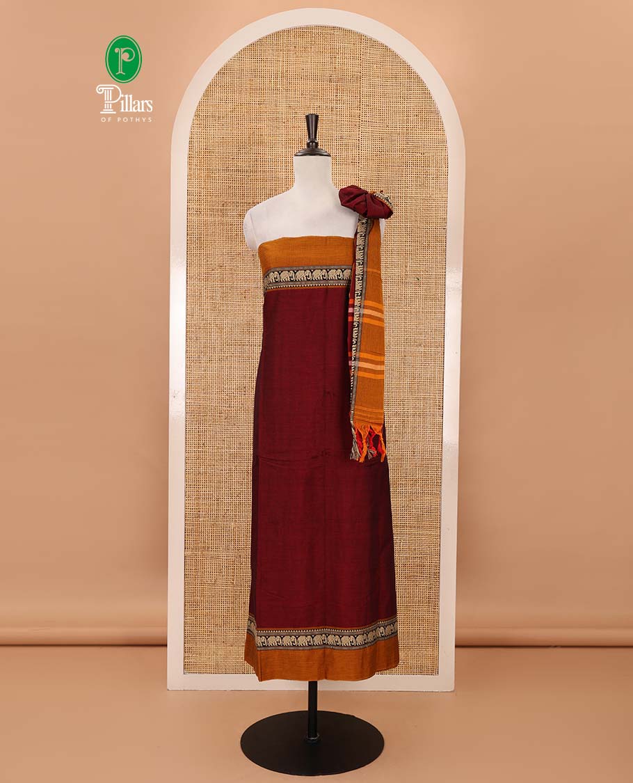 Maroon mercerised cotton material chudidar set, contrast elephant motifs border top, matching bottom & elephant motifs border dupatta
