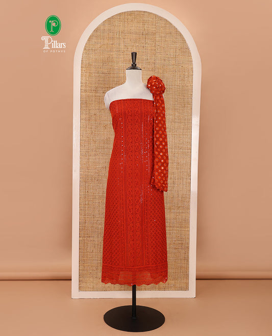 Red material chudidar set,  floral, paisley & geometric schiffli embroidered georgette top & orginal mirror embroidered georgette dupatta