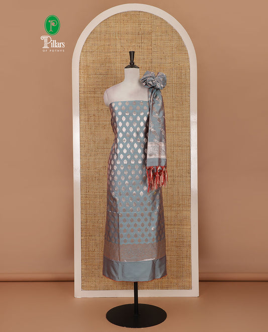 Grey banarasi material chudidar set, zari buttas woven top, plain bottom, and diagonal floral striped taffeta silk dupatta