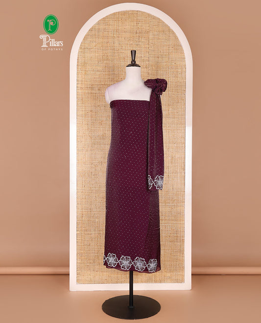 Purple velvet organza material chudidar set, micro stone embedded with floral micro-stone embroidered top, Italian crepe bottom, and micro stone embroidered dupatta