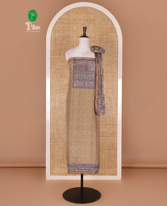 Olive green material chudidar set, intricately printed with neck mirror work crepe top, Italian crepe bottom, and digital printed mirror work chinon dupatta