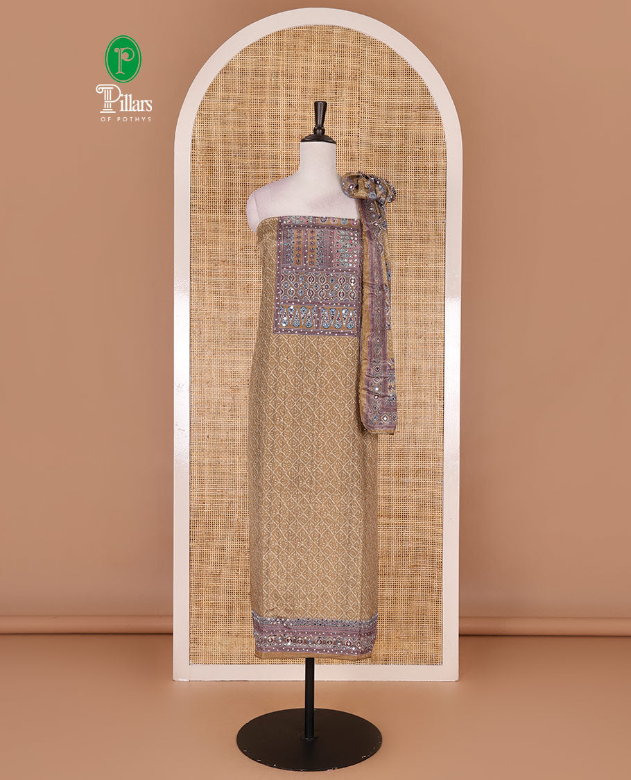 Olive green material chudidar set, intricately printed with neck mirror work crepe top, Italian crepe bottom, and digital printed mirror work chinon dupatta