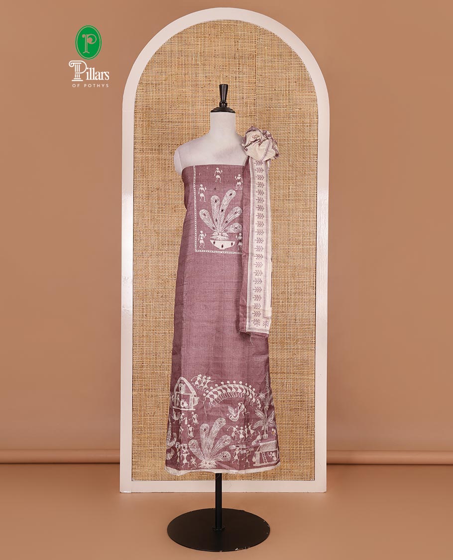 Onion pink material churidar set, warli tribe village theme print with mirror work semi-tussar top, plain bottom, and warli tribe village theme print semi-tussar dupatta