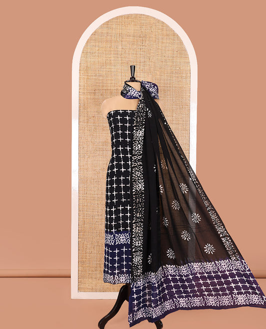 Black and Blue Material Chudidhar Set, Decked Up with Batik-Style Printed Viscose Georgette Top, Rayon Batik Printed Bottom, and Viscose Georgette Dupatta of Batik Print