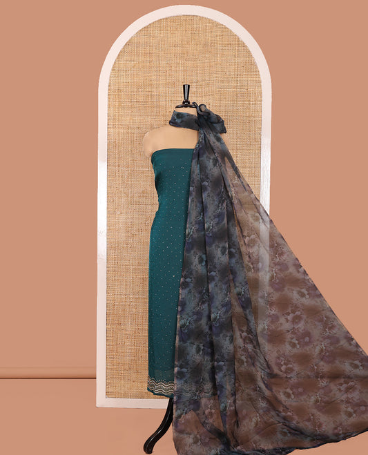 Peacock Green Material Churidar Set, Adorned with Swarovski Stone Work Nc Moss Organza Top, Comes with a Plain Santoon Bottom, and Floral Printed Nc Moss Organza Dupatta