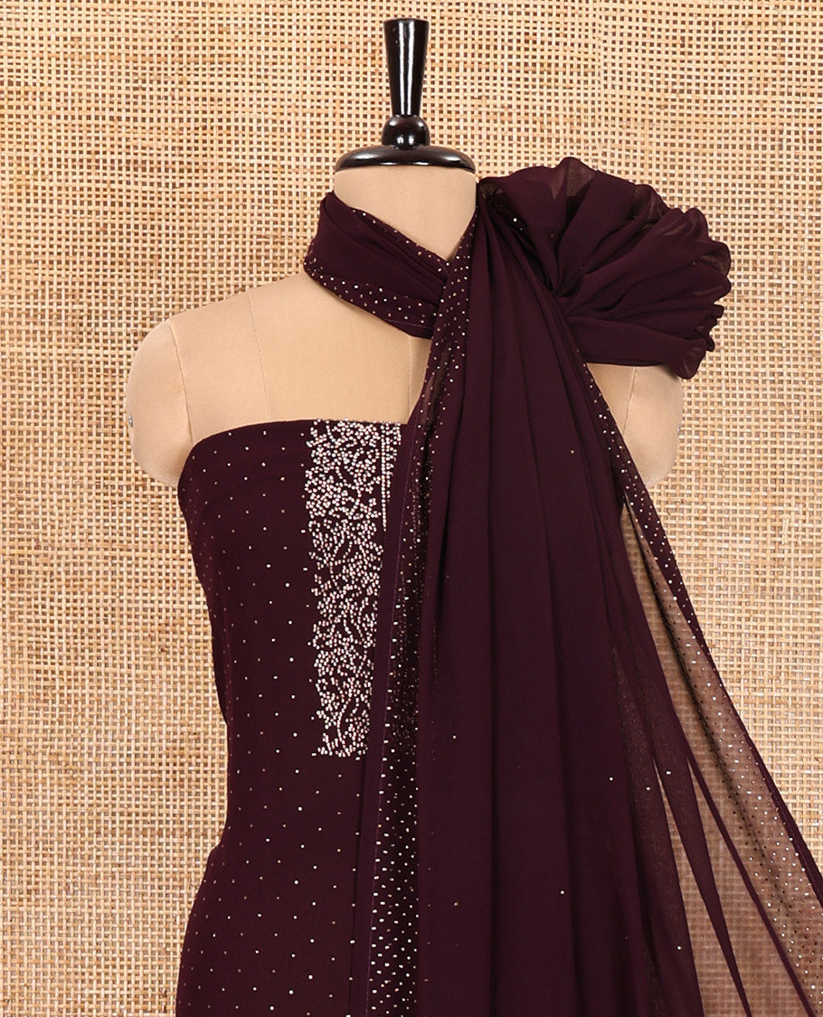 Maroon Material Churidar Set, Spotlighted with Micro-Stone Work on Fox Georgette Top, Comes with a Plain Santoon Bottom, and Is Paired with a Fox Georgette Micro-Stone Work Dupatta