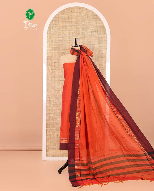Orange Plain Mercerised Cotton Material Churidar Set, Complemented by Contrast Elephant Motifs Woven Zari Border, Comes with a Plain Mercerised Cotton Bottom, and Is Paired with a Matching Mercerised Cotton Dupatta Mirroring the Same Design