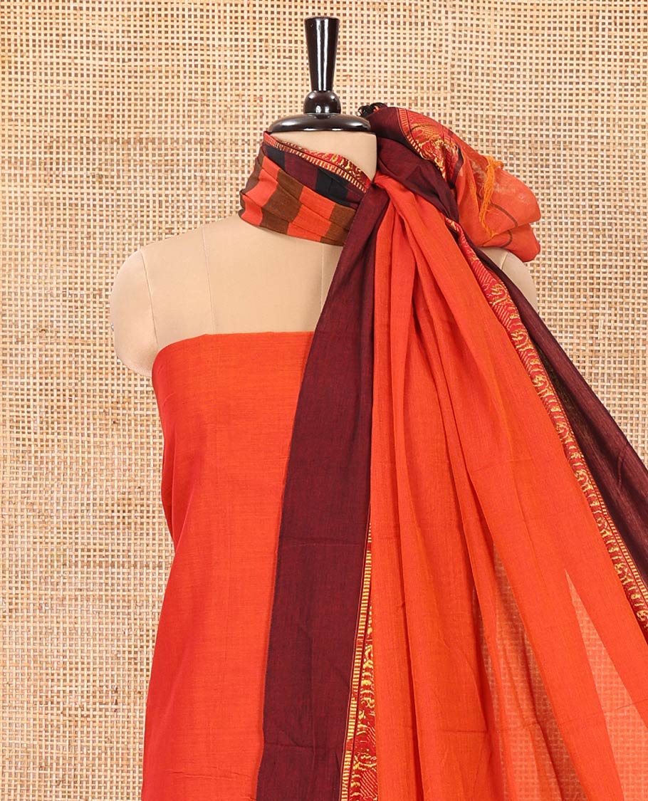 Orange Plain Mercerised Cotton Material Churidar Set, Complemented by Contrast Elephant Motifs Woven Zari Border, Comes with a Plain Mercerised Cotton Bottom, and Is Paired with a Matching Mercerised Cotton Dupatta Mirroring the Same Design