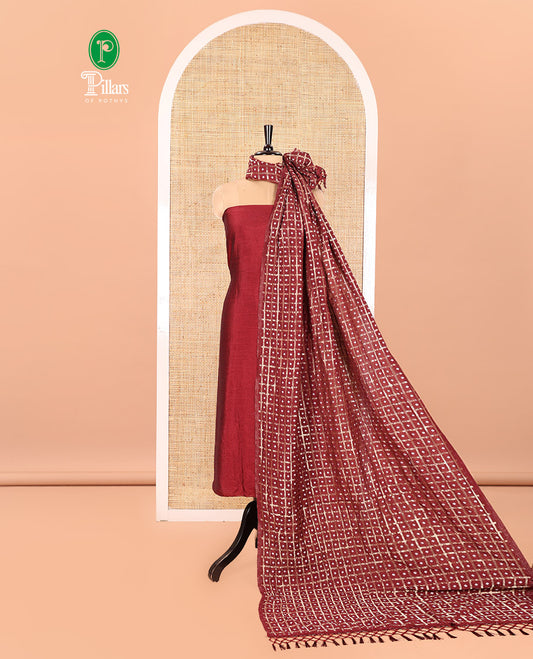 Maroon Vichitra Silk Material Churidar Set, Subtly Made Plain Top, a Plain Santoon Bottom, and Paired with a Vichitra Silk Bandhani Dot Enclosed Checked Dupatta