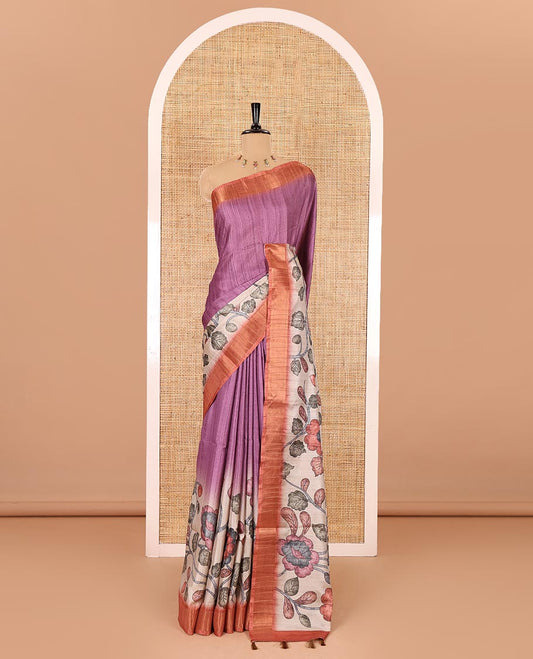 Purple plain fancy tussar saree, contrast floral printed border, floral vine printed pallu, and a contrast plain blouse