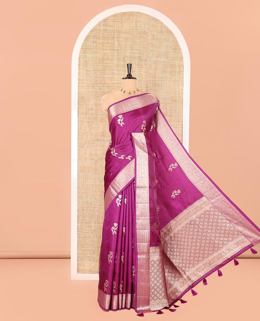 Purple Semi-Banaras Satin Silk Saree, Mesmerized with Floral Zari Buttas Across Its Body, Highlighted by Traditional Zari Design Border, Grand Zari Woven Palu of Jaal Designs, and Paired with a Matching Blouse
