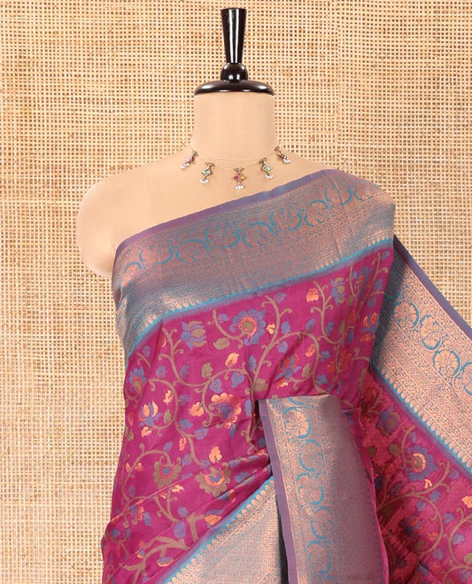 Magenta Litchi Saree, Decked up with Floral Vine in Resham and Zari Thread Designs, Complemented by Contrast Floral Zari Border, Grand Jaal Design Pallu, and Paired with a Contrast Blouse
