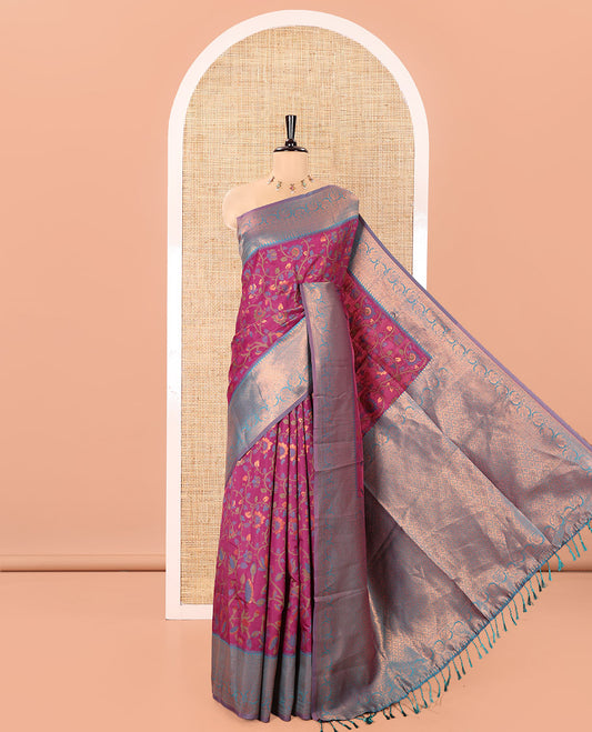 Magenta Litchi Saree, Decked up with Floral Vine in Resham and Zari Thread Designs, Complemented by Contrast Floral Zari Border, Grand Jaal Design Pallu, and Paired with a Contrast Blouse