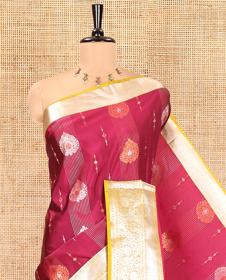 Majenta Semi-Soft Silk Saree, Opulently Embellished with Zari Designs All Over Its Body, Complemented by Contrast Traditional Zari Design Border, Pallu of Big Paisleys, and Paired with a Contrast Blouse